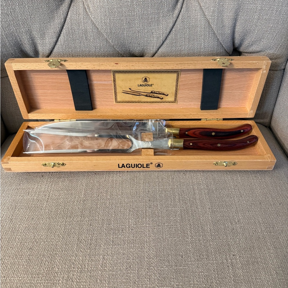 Laguiole L’Eclair 440 Knife and Fork Set with Rich Brown Handles New